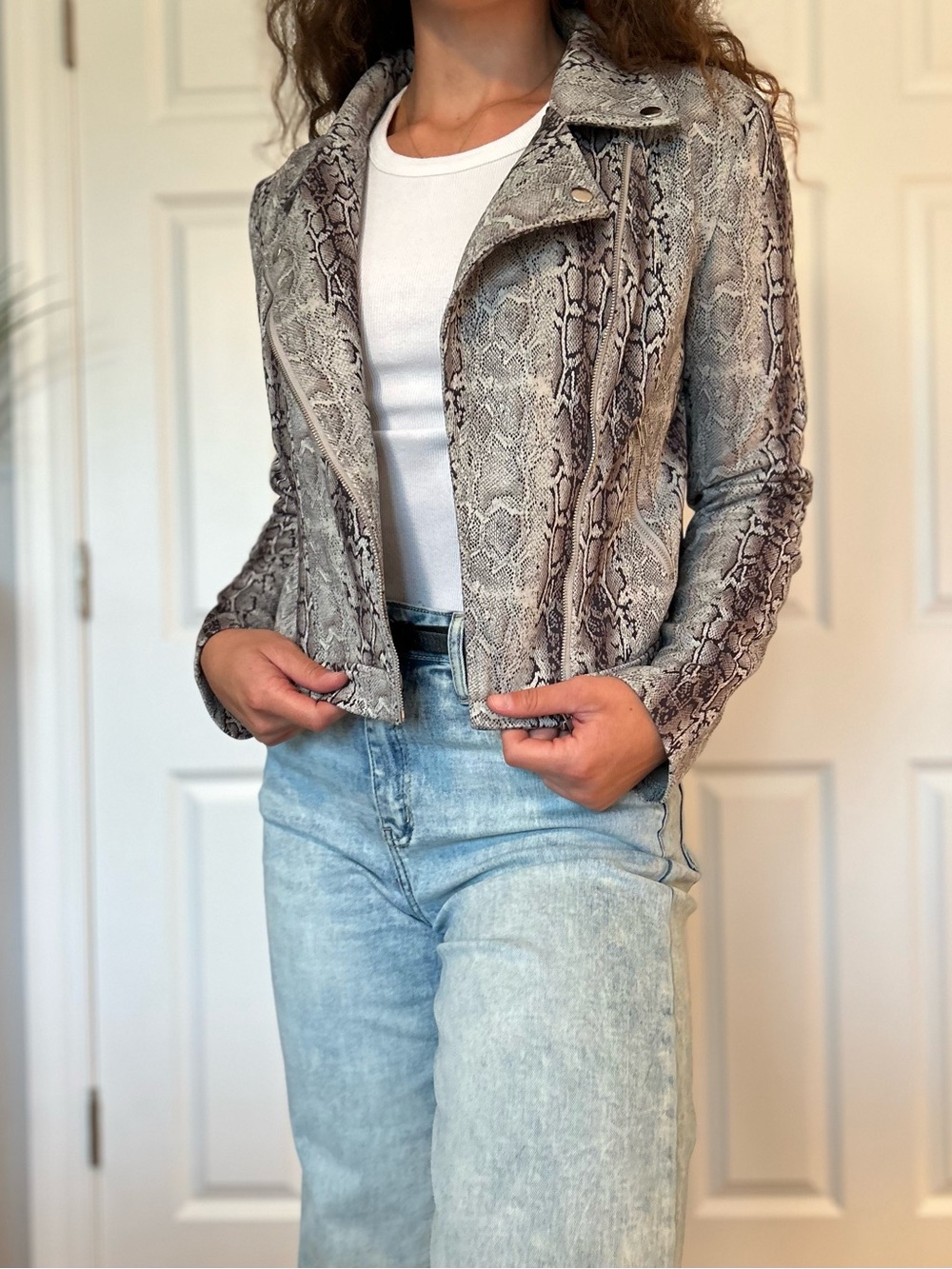 Have Snake-Print Moto Jacket in Gray